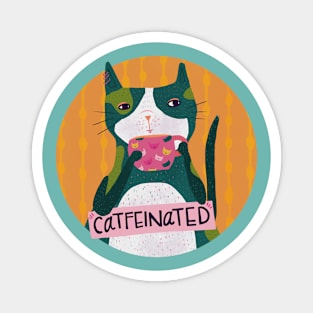 Catfeinated Cat Pun Cute Whimsical Drawing Magnet